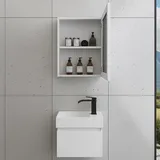 Faizee Home | Badmöbel Set Weiß – Waschtisch mit Unterschrank, Keramik-Waschbecken & Spiegelschrank | Inkl. Wasserfall-Armatur in Schwarz | Modernes Badezimmermöbel mit elegantem Design