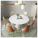 POVISON Esstisch Moderner runder Esstisch, Küchentisch 120 cm für 4-6 Personen (1-St), Weißes Sinterstein-Kiefernholz, Edelstahl-Gestell weiß
