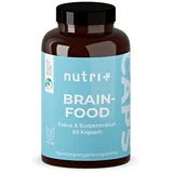 Nutri + Konzentrations Tabletten - Brain Booster 50 Kapseln - Gehirn Fokus Leistung - Supplement mit Koffein, Cholin, Ginseng - Brainfood vegan