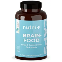 Nutri + Konzentrations Tabletten - Brain Booster 50 Kapseln - Gehirn Fokus Leistung - Supplement mit Koffein, Cholin, Ginseng - Brainfood vegan