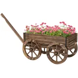 Outsunny Blumenkasten im Holzwagen-Design, Pflanzenwagen mit Griff, Pflanzenkasten, Blumenständer für Garten, Terrasse, bis 30 kg belastbar, Verkohlt, 120 x 41 x 54 cm