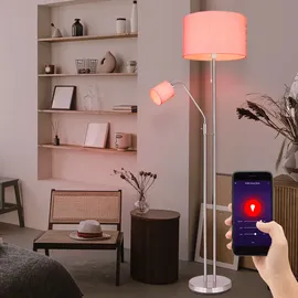 GLOBO Stehleuchte Wohnzimmer Deckenfluter mit Leselampe Stehlampe Stoffschirm Zugschalter, App Steuerung, Smart Rgb Led 1x 10w 1x5w, H 175 cm