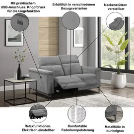 OTTO home 2-Sitzer OTTO HOME "LUND Cord, 160 cm, manuelle o. elektrische Relaxfunktion", grau, B:160cm H:97cm T:100cm, 100% Polyester, Sofas, USB-C bei elektrischer Ausführung, mit Kopfteilverstellung