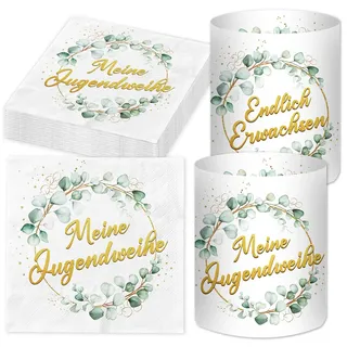 20 Stück Servietten Jugendweihe + 12 Stück Windlicht Tischdeko, Jugendweihe Deko Mädchen Junge 2025, Gastgeschenk Meine Jugendweihe Dekoration Eukalyptus Grün Gold, Party Deko Set Geschenke