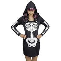 Das Kostümland Hexen-Kostüm Skelett Kleid mit Kapuze für Damen - Geisterkostüm schwarz 34