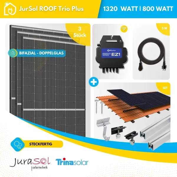 Balkonkraftwerk für Ziegeldach APSystems - Bifazial Doppelglas - 1320 Watt 800 Watt - JurSol ROOF Trio Plus