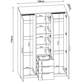 [en.casa] Kleiderschrank Eiselfing 176x120x52 cm 3 Schubladen