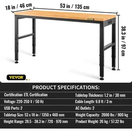Vevor Höhenverstellbare Werkbank 135 x 46 x 72 - 97 cm Spanntisch, 900 kg Gewichtskapazität Arbeitstisch, Braun Klappbare Werkzeugbank aus Kaltgewalzter Stahl, Multifunktionswerktisch für Lager & Büro