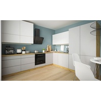 L-Form Küchenzeile "Avellino" Küchenblock 290x305cm Teilauszug eiche artisan - Fronten Acryl weiß grau matt