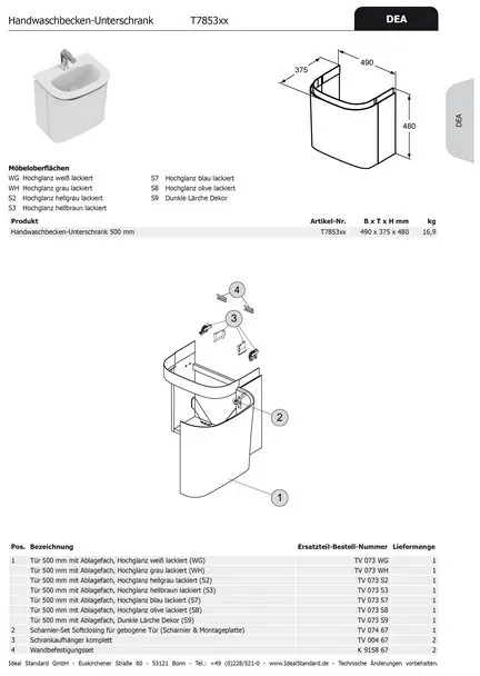 Ideal Standard Schranktür DEA, für HWB-US b:500mm, TV073S9 mit Ablage, Dunkle Lärche Dekor TV073S9