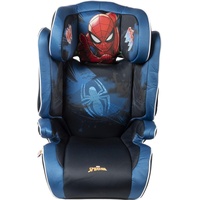 Marvel Spiderman Autositz mit ISOFIX-Befestigung für Kindersicherheit mit Höhe von 100 bis 150 cm mit Grafik des Superhelden Spiderman auf blauem Hintergrund