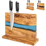 Magnetischer Messerblockständer, italienisches Olivenholz, Küchenmesserhalter mit Harzfluss-Design, doppelseitiger starker Magnet-Messerblock, Universal-Messer-Organizer für 18 Messer, blaues Harz
