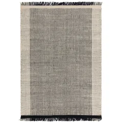 Kadima Design Wollteppich Handgewebt Korbmuster | 200x290cm, 4mm Florhöhe, 14mm Gesamthöhe | Schwarz-Weiß | Mit Fransen | PISA Kollektion