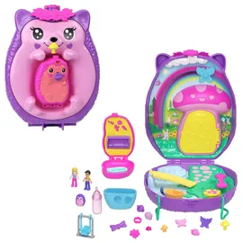 Mattel Polly Pocket Mama & Baby Igel Handtaschen-Spielset mit 2 Puppen & 16 Accessoir