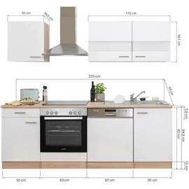 Respekta Küchenzeile Merle E-Geräte 220 cm mit Glaskeramikkochfeld weiß/eiche sägerau nachbildung