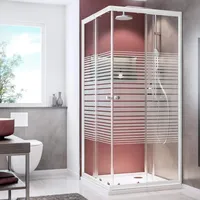 Schulte Duschkabine variabel 75-90 cm, z. B. 90x90 cm, 80x80 cm, 85x85 cm, Eckeinstieg 180 cm mit Schiebetüren, 4 mm Sicherheitsglas (ESG) Dekor Querstreifen, Weiß, EP19442-4-72