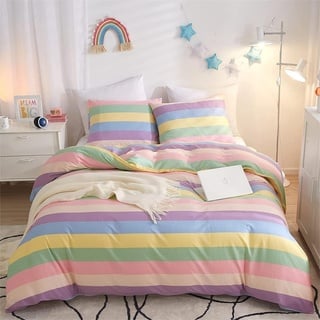 Freyamy Mädchen Bettwäsche 135x200cm Bunt Regenbogen Streifen Kinderbettwäsche 100% Microfaser Babybettwäsche Teenager Kinder Wendebettwäsche Bettbezug mit Reißverschluss und Kissenbezug 80x80cm