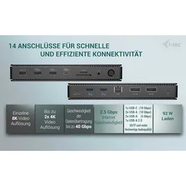 iTEC i-tec Thunderbolt 4 Dock Gen3 - 8K/4K, 2x DP, 1x 2.5 GBit LAN, 4x USB-A (5 Gbps), 1x USB-A 2.0, 1x USB-C, SD/FC, 92W PD, 140W USB-C Netzteil