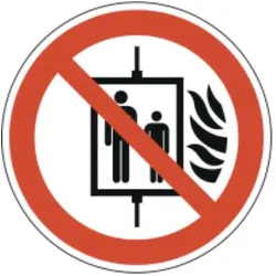 Brandschutzzeichen mit Symbol nach ISO 7010/P020, Aufzug im Brandfall nicht benutzen