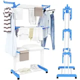 Trintion Wäscheständer 4 Ablagen Wäschetrockner Turm mit 4 Rollen Ausziehbare Kleiderständer mit 2 Klappbare Flügel Tragbarer Faltbar Standtrockner Trockenregalen für Innen und Außen (Blau)