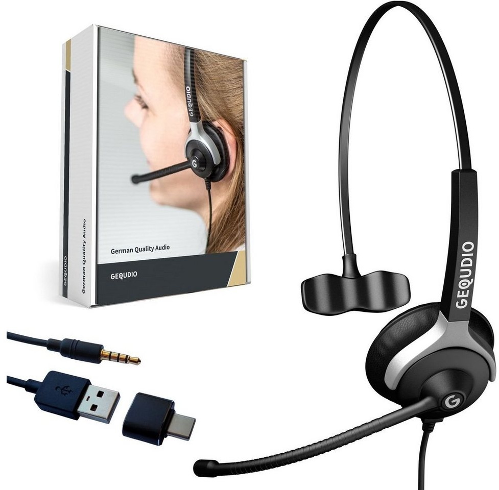 GEQUDIO für PC, Mac und Smartphone mit USB-A, USB-C Adapter und 3,5mm Klinke Headset (1-Ohr-Headset, 60g leicht, Bügel aus Federstahl, mit Wechselverschluss für mehrere Endgeräte, inklusive Anschlusskabel) schwarz