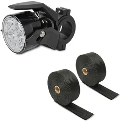Set: Motorrad Zusatzscheinwerfer LED S2 einzeln mit E-Zulassung Lumitecs mit Motorrad Hitzeschutzband Auspuffband sw 15m