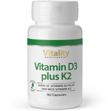 Vitamin Express Vitamin D3 K2 Hochdosiert, D 5000 IE + K2 200 mcg Premium All Trans MK7 I 90 Mini-Kapseln Hochdosiert I hohe Bioverfügbarkeit, frei von Zusatzstoffen I Vitality Nutritionals