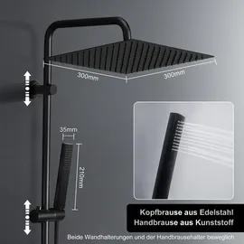 Görbach Regendusche Duschsystem mit Ablage, Edelstahl Duschset ohne Armatur mit Duschkopf, Duschstange, Duschschlauch, XXL Kopfbrause Schwarz (30x30cm)