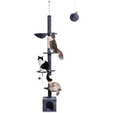 NEGTTE Kratzbaum Deckenhoch Höhenverstellbar (230-275cm) Katzenturm mit 2 Kratzsäulen, Hängematte & Höhle Kratzbaum Schmal Hoch für kleine Räume Deckenspannsystem, Sicherheitsgurt