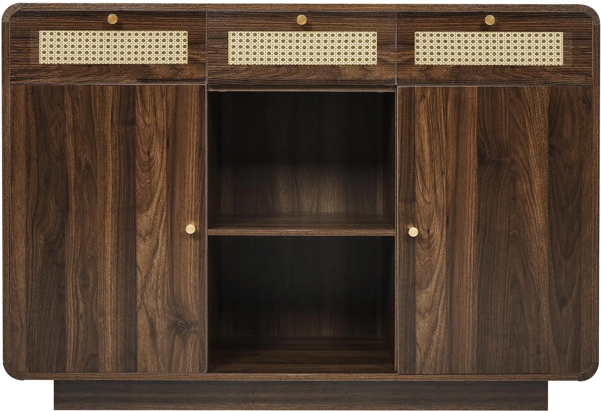 Kommode Sideboard, 3 Schubladen + 2 Schränke mit offenem Mittelregal und Rattan-Fronten, 120x40x85 cm, Braun