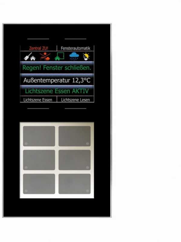 Glas-Infomodul mit sechs plus vier kapazitiven Tasten, 2,8 Zoll-Grafikdisplay und Temperatursensor in schwarz, LCN-GT10DB