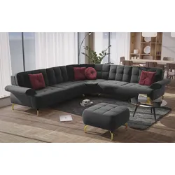 Ecksofa SIT & MORE "Orient 1 L-Form", schwarz, B:299cm H:88cm T:279cm, 100% Polyester, Sofas, inkl. 4 Zierkissen mit Strass-Stein, goldfarbene Metallfüße
