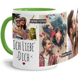 Tassendruck Fototasse mit Spruch - Ich liebe Dich - zum Selbst gestalten mit 3 Fotos, Innen & Henkel Hellgrün, 300 ml