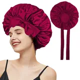Seidenhaube zum Schlafen Lange Haare,Verstellbare Silk Bonnet Seide,Schlafhaube Seide,Satin Haarhaube für die Nacht,Schlafmütze Hair Sleeping,Bonnet Sleep Cap,Schlafhaube Haare Schützen(Wein rot) - Einheitsgröße
