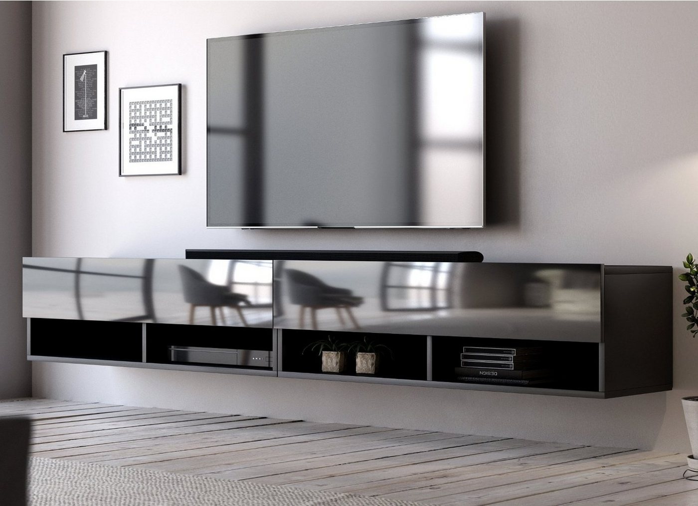 GuenstigEinrichten Lowboard Epsom (TV-Unterschrank), Breite 200 cm, Hochglanz, hängend schwarz