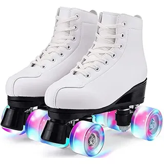 Damen Klassische Retro Rollschuhe,Rollschuhe mit Vier Rollen in Doppelreihe,Classic Roller, Rollschuhe für Kinder,LED Rollschuhe, ideal für Anfänger, komfortable Roller-Skates (40, Weiß)