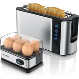 Arendo Frühstücks-Set, 6er Eierkocher + 2-Scheiben Langschlitz Toaster FRUKOST, Silber