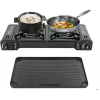 2-Flammig Campingkocher, Outdoor Camping Gas Kocher Grillplatte Tischgrill Koffer Gasgrill, 2-Flammig Gaskocher Für Innenräume Gaskocher (Mit Grillplatte)