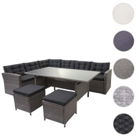 Mendler Poly-Rattan-Garnitur HWC-A29, Gartengarnitur Sitzgruppe Lounge-Esstisch-Set Sofa grau, Kissen grau + 2x Hocker