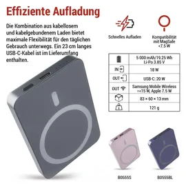 EMOS Powerbank WI 522, 5000 mAh MagSafe mit Passthrough und Wireless-Charging, USB-C-Ausgang inkl. Kabel, für iPhone, iPad, Smartwatch, grau, B0555GY - Grau
