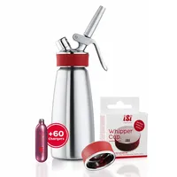 ISI - Gourmet Whip Sahnespender 0,5L + 6 x 10 Sahnekapseln + Whipper Verschlusskappe im Bundle - Sahnesprüher Set aus 100% Edelstahl für Sahne, Suppen, Espumas & Desserts - Made in Austria