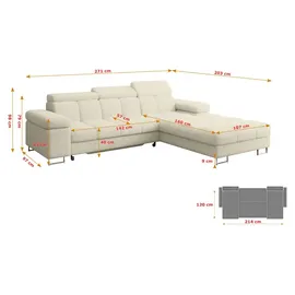 altdecor Ecksofa Cord mit Schlaffunktion 2-Sitzer Creme