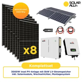 JaSolar Insel PV-Anlage 450 W inkl. 5 kWh LV-Stromspeicher + 3,0 kW Hybrid Wechselrichter + 8 x JA-Solar Glas-Glas Module