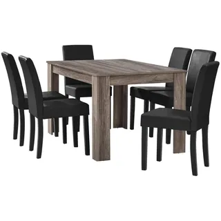[en.casa] Esstisch Eiche antik mit 6 Stühlen schwarz Kunstleder gepolstert 140x90 Essgruppe Esszimmer