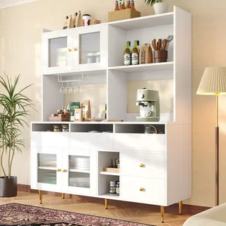 Merax Küchenschrank Buffetschrank, Modern Hochschrank Sideboard, Küchenbuffet Vorratsschrank mit Arbeitsplatte, Schubladen, Glastür, Weinglasregal, Offene Fächer, Mehrzweckschrank, 145x39x171cm, Weiß