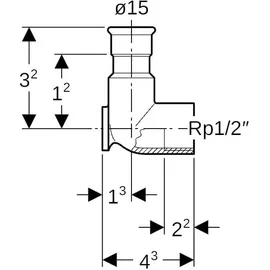 Geberit Mapress Kupfer Anschlusswinkel 90 Grad Gas CW602N, d 15mm, Rp 1/2′′, L1 4,3cm