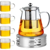 CEWROM Teekanne Glas mit Siebeinsatz und Stövchen Set, Tee Kanne aus Borosilikatglas (1,3 L) + 4 * 120ml GlasTeetasse, Teewärmer Teekanne,für Schwarzen Tee, Grüner Tee, Duftender,Weihnachten Geschenk