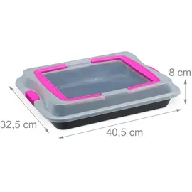 Relaxdays Backblech mit Deckel, 3 in 1 Kuchen Transportbox, BxT 40,5 x 32,5 cm, Backform, Transporthaube, schwarz/pink