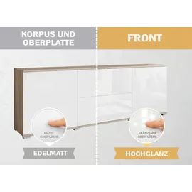 OTTO home Wohnwand OTTO HOME "KENIA", weiß (eiche sonoma, weiß hochglanz), B:270cm H:161cm T:34cm, Holzwerkstoff, Kastenmöbel-Sets, Wohnwand, Vitrinen mit Eckverglasung, hängend und stehend montierbar