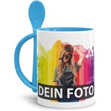 Tasse selbst individuell gestalten/Personalisierbar mit eigenem Foto Bedrucken/Fototasse/Motivtasse/Werbetasse/Firmentasse mit Logo/Löffeltasse Klassik Hellblau